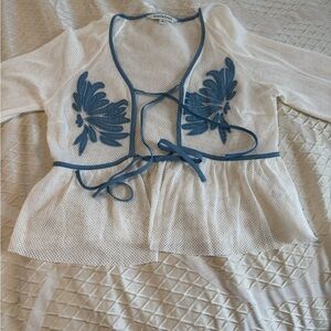 DAVI & DANI White Mesh Cardigan with Blue Trim